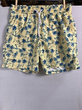 Men's Yellow Palm-Print Swim Trunks with Blue Accents
